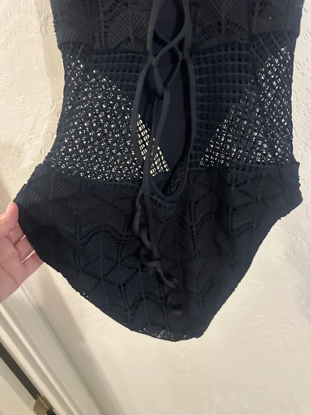 La Blanca Power Couple Crochet High Neck Cutout Sheer One Piece Swimsuit